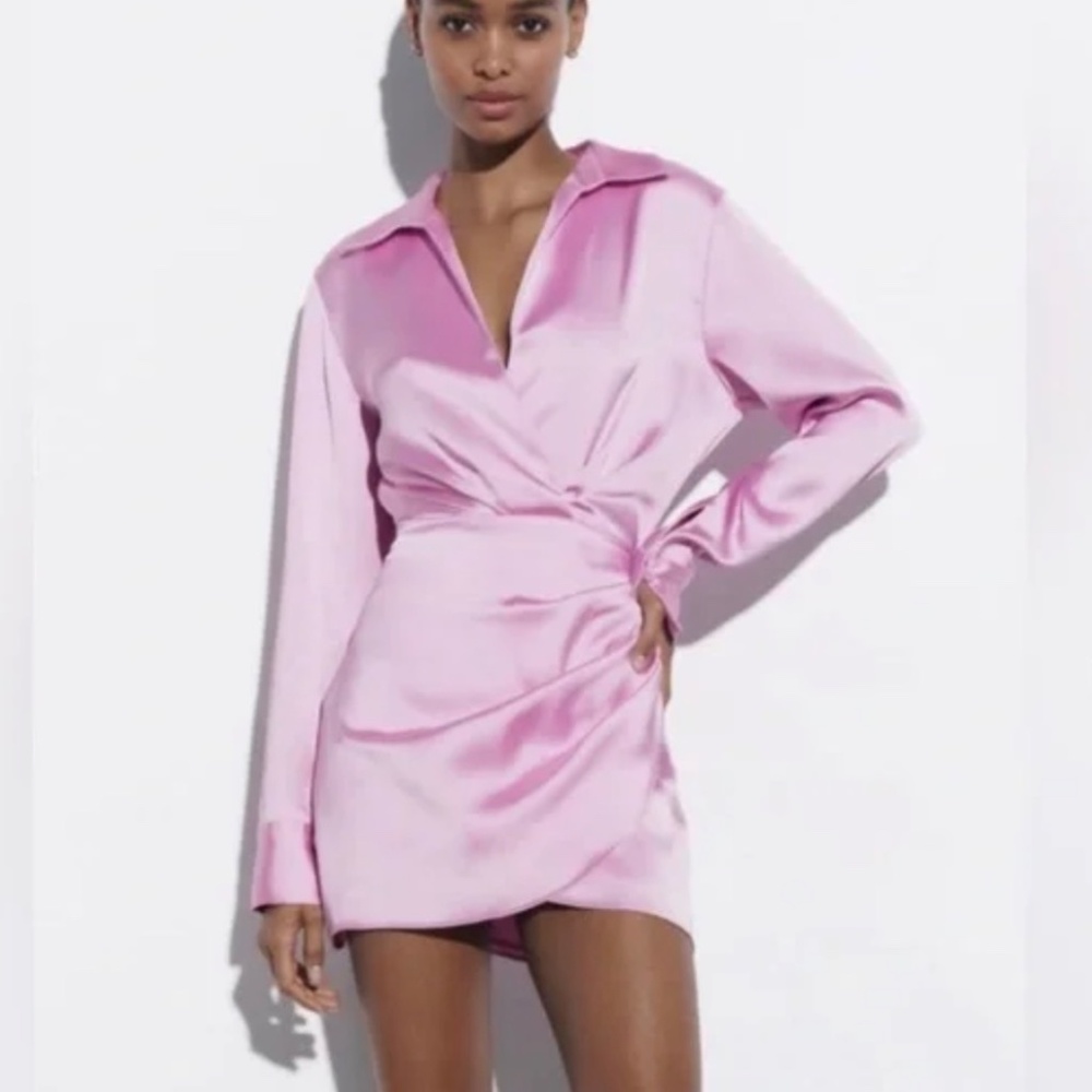 NEW! ZARA PURPLE PINK SATIN LONG SLEEVE OPEN MINI DRESS